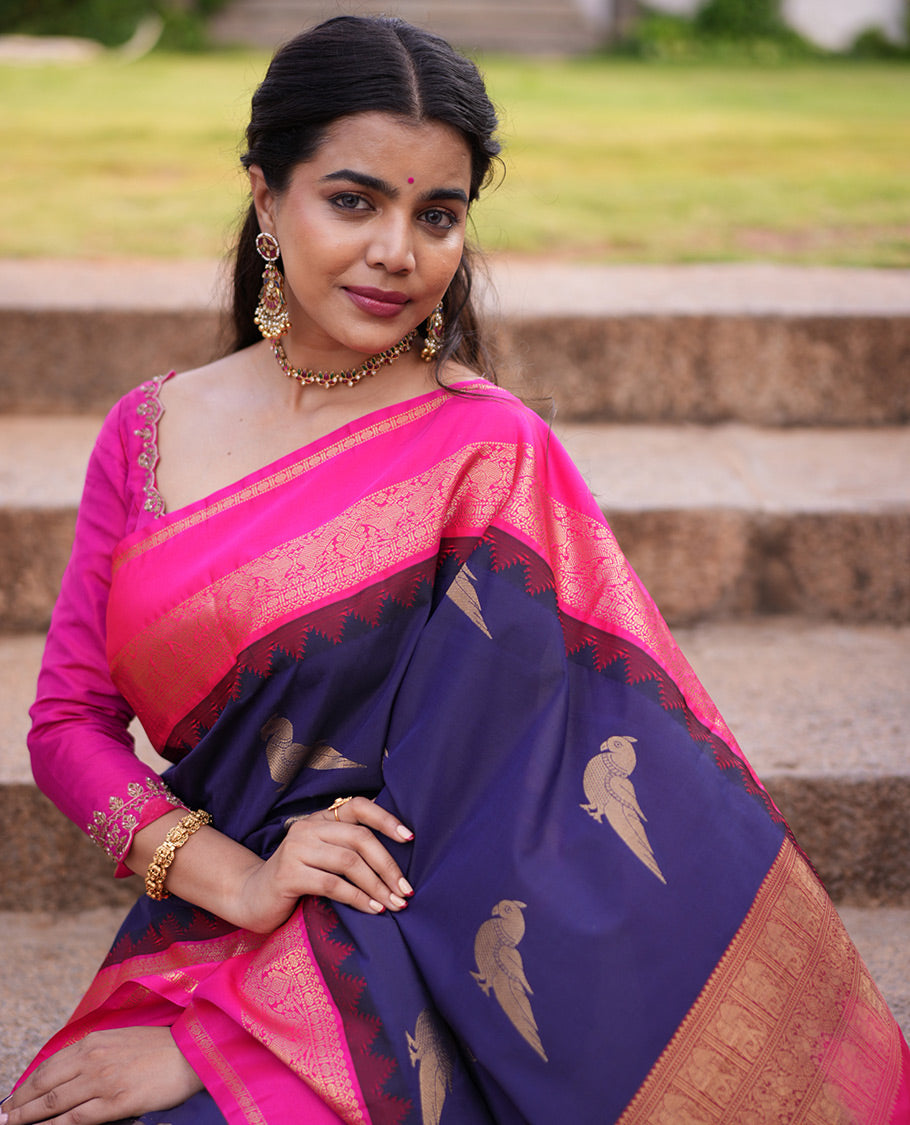 Navy Blue Parrot Motif Budget Silk Saree, a Contrast Rettai Pettu Border, and a Contrast Blouse