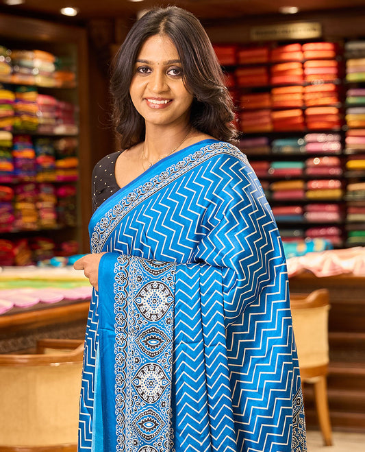 Blue zig zag digital printed design gajji silk saree with ajrak printed border & ajrak printed pallu along with printed blouse