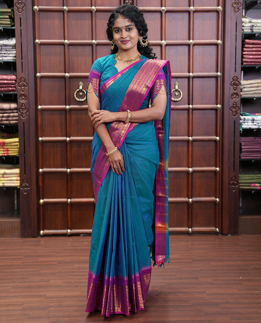 Blue Plain Chettinad Cotton Saree, Complemented by a Contrast Traditional Zari Design Woven Border of Rudraksham Designs, Subtly Striped Pallu, and Paired with a Matching Blouse