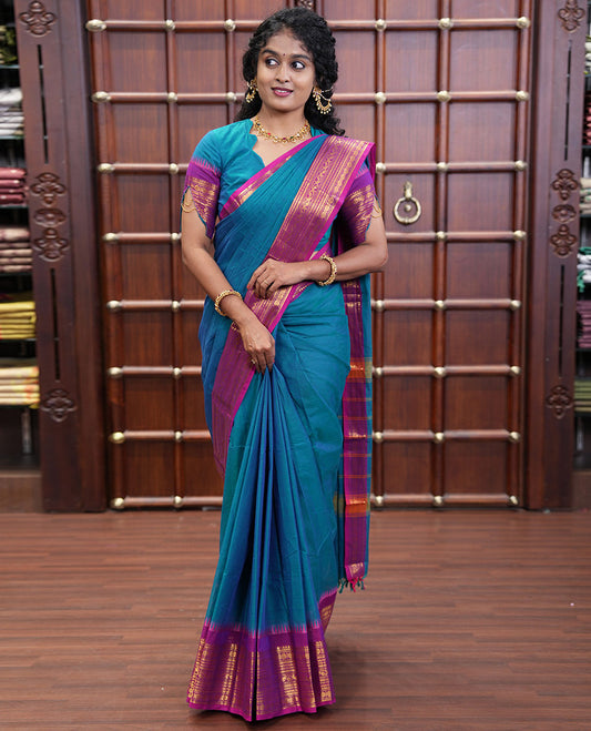 Blue Plain Chettinad Cotton Saree, Complemented by a Contrast Traditional Zari Design Woven Border of Rudraksham Designs, Subtly Striped Pallu, and Paired with a Matching Blouse