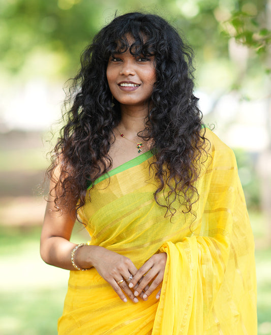 Yellow Khadi Mul Cotton Saree, Steeped with Horizontal Stripes, a Contrast Gold Zari Border, Striped Pallu, and No Blouse