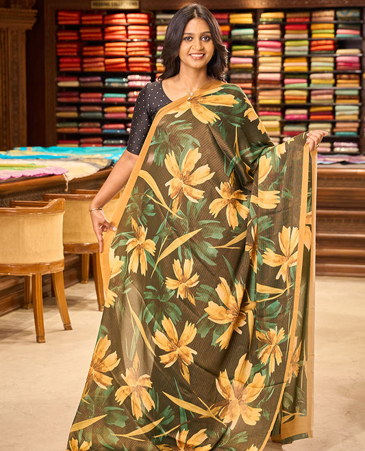Borderless Green floral digital print brasso saree with self pallu along with printed blouse