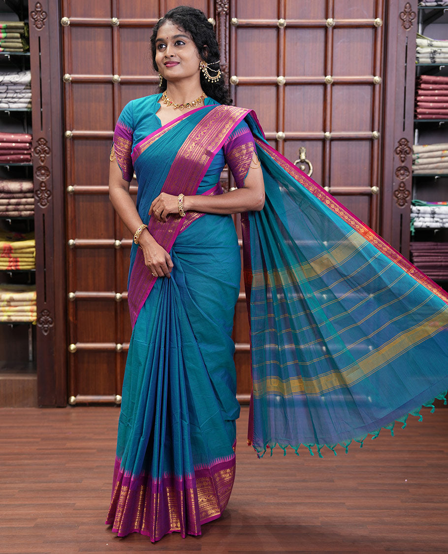 Blue Plain Chettinad Cotton Saree, Complemented by a Contrast Traditional Zari Design Woven Border of Rudraksham Designs, Subtly Striped Pallu, and Paired with a Matching Blouse
