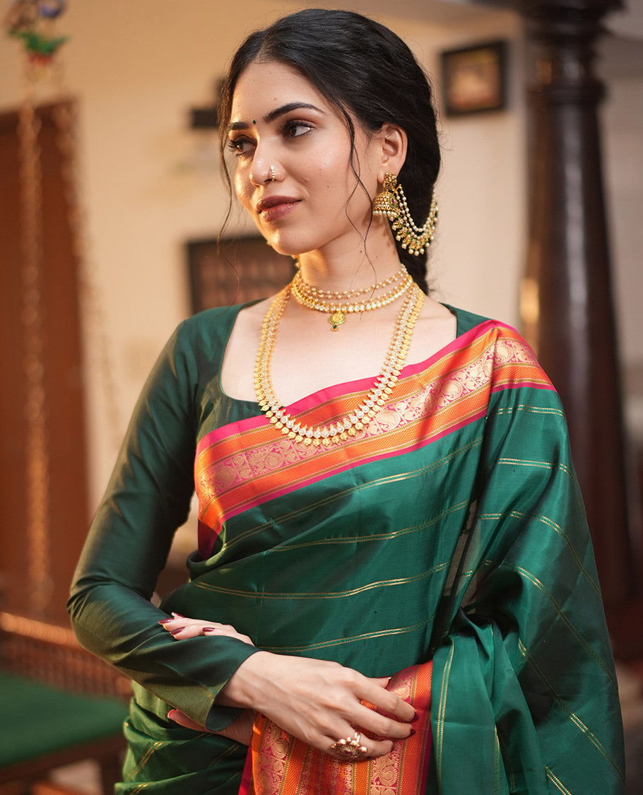 Green-Dark Pink Striped Vasundhara Lite Silk Mix Saree, Contrast Manga-Mayil Border, Contrast Blouse
