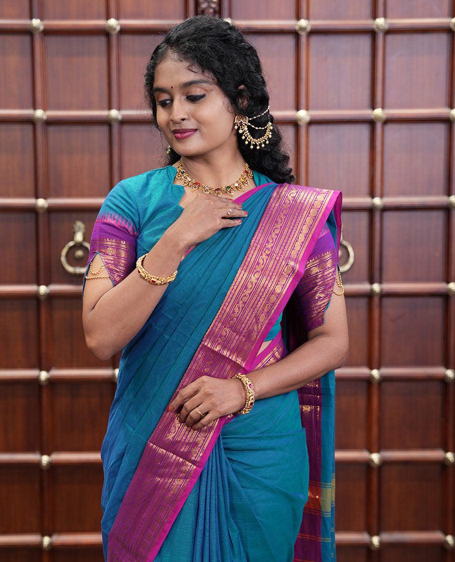 Blue Plain Chettinad Cotton Saree, Complemented by a Contrast Traditional Zari Design Woven Border of Rudraksham Designs, Subtly Striped Pallu, and Paired with a Matching Blouse
