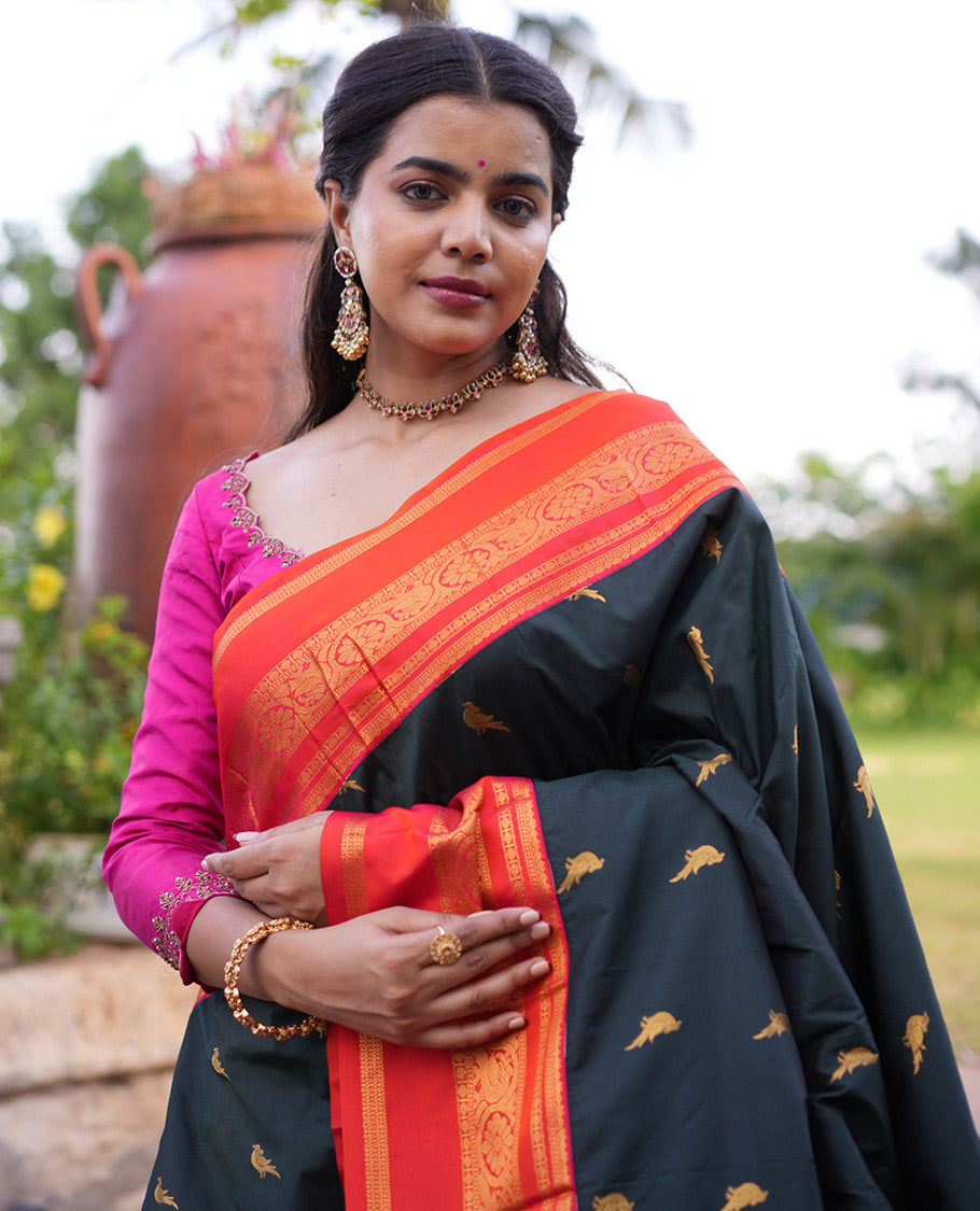 Dark Green Parrot Motif Budget Silk Saree, a Contrast Varisai Pettu Border, and a Contrast Blouse