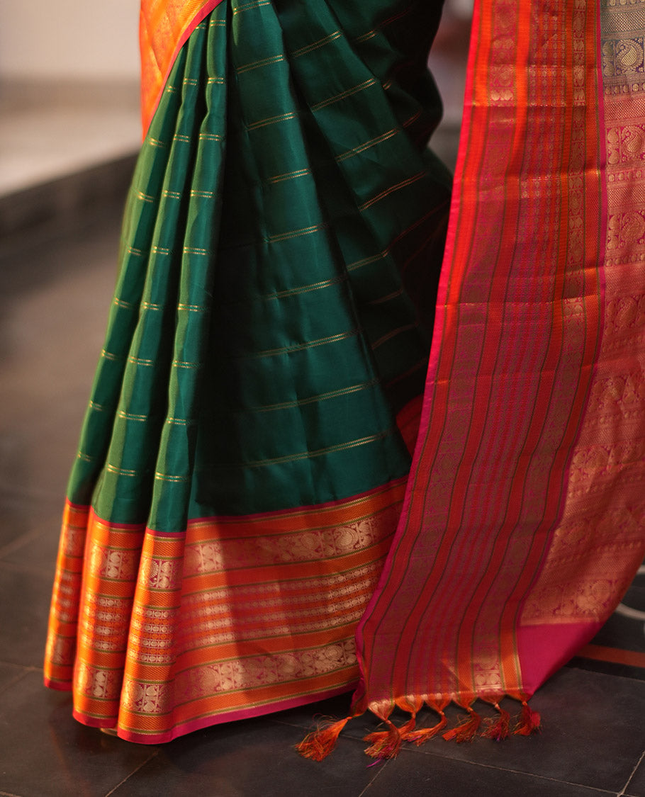 Green-Dark Pink Striped Vasundhara Lite Silk Mix Saree, Contrast Manga-Mayil Border, Contrast Blouse