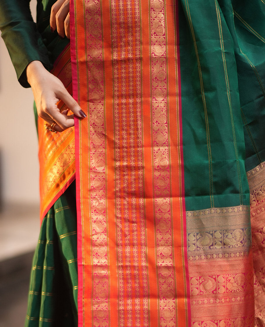 Green-Dark Pink Striped Vasundhara Lite Silk Mix Saree, Contrast Manga-Mayil Border, Contrast Blouse