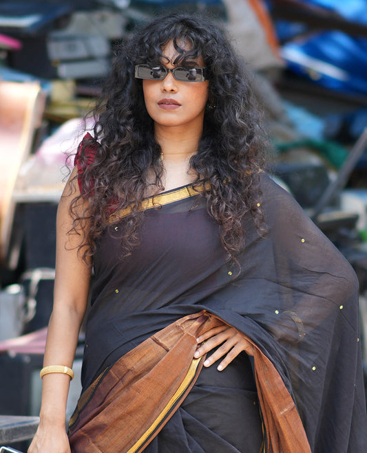 Black Khadi Mul Cotton Saree, Bedecked with Sequined Work, Complemented by a Gold Tissue Border, a Self-Pallu, and No Blouse
