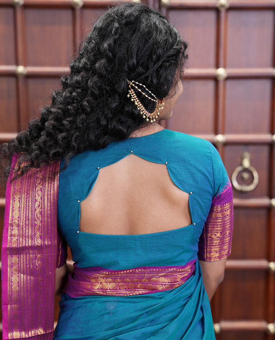 Blue Plain Chettinad Cotton Saree, Complemented by a Contrast Traditional Zari Design Woven Border of Rudraksham Designs, Subtly Striped Pallu, and Paired with a Matching Blouse