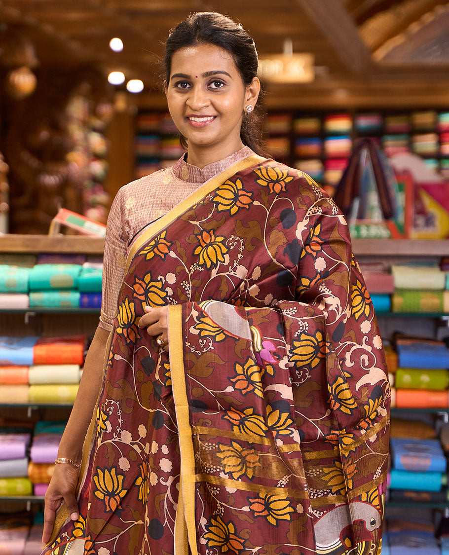 Maroon Pichwai lotus vine digital printed banana pith saree, contrast plain piping border, and lotus vine printed pallu