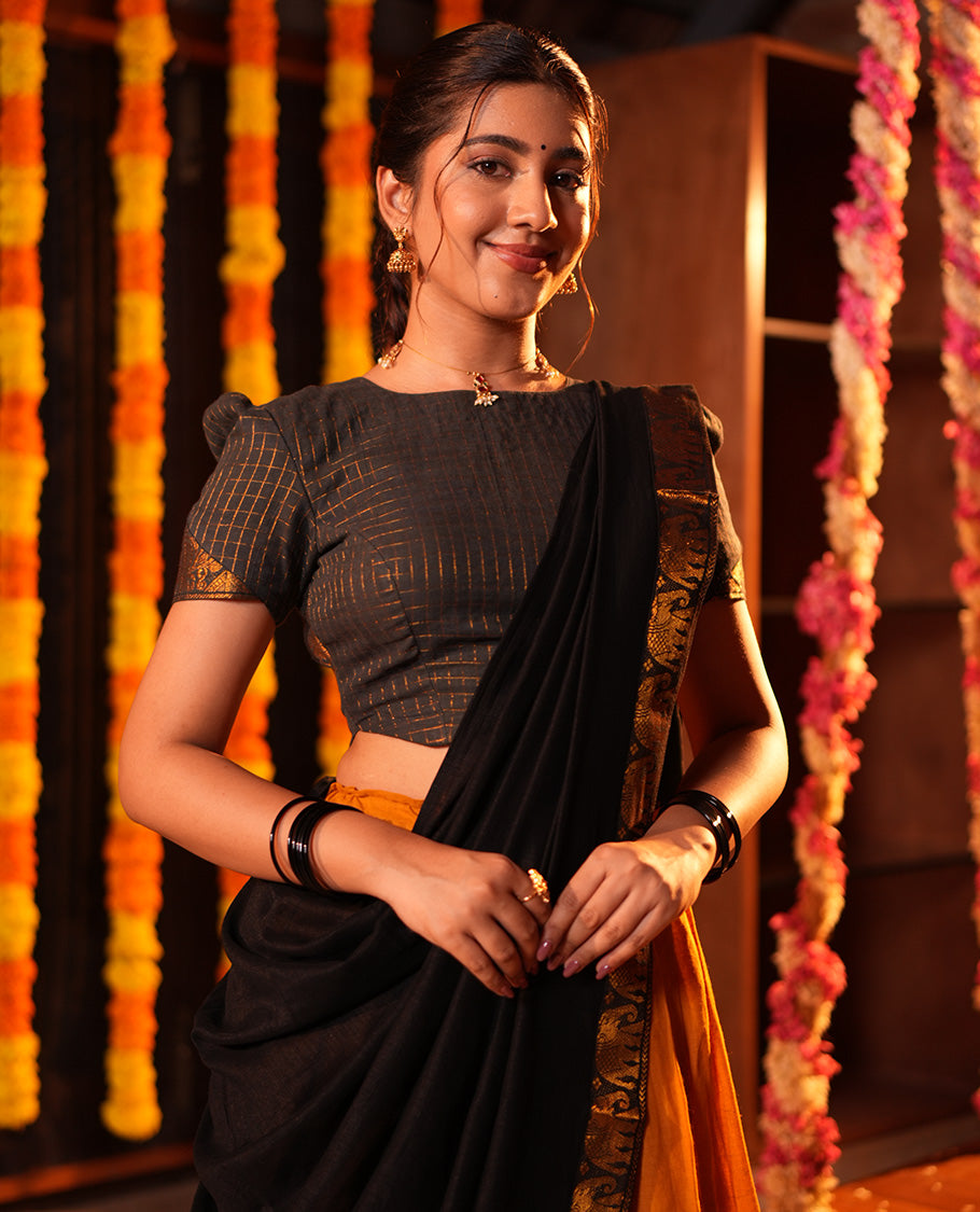 Mustard-Black Sungudi Cotton Half-Saree, Plain Skirt, Contrast Elephant-Peacock Border, Contrast Blouse, Contrast Elephant Motif Dhavani