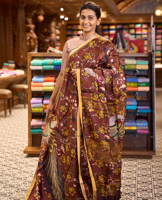 Maroon Pichwai lotus vine digital printed banana pith saree, contrast plain piping border, and lotus vine printed pallu