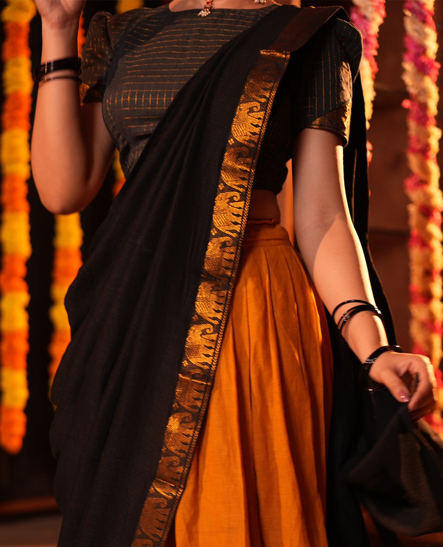 Mustard-Black Sungudi Cotton Half-Saree, Plain Skirt, Contrast Elephant-Peacock Border, Contrast Blouse, Contrast Elephant Motif Dhavani