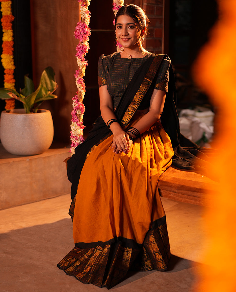Mustard-Black Sungudi Cotton Half-Saree, Plain Skirt, Contrast Elephant-Peacock Border, Contrast Blouse, Contrast Elephant Motif Dhavani