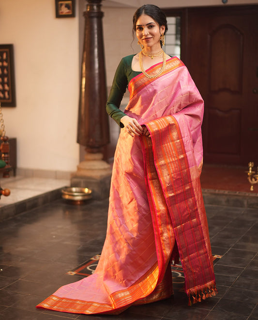 Onion Pink-Dark Pink Striped Vasundhara Lite Silk Mix Saree, Contrast Manga-Mayil Border, Contrast Blouse