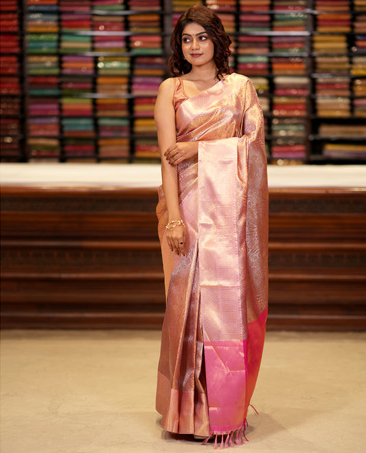 Gold pink jaal design tissue celebrity saree with zari border & brocade rich pallu along with brocade blouse