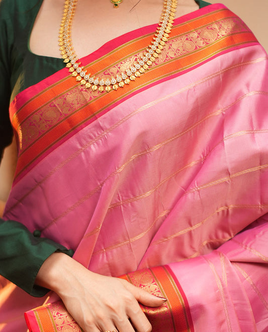 Onion Pink-Dark Pink Striped Vasundhara Lite Silk Mix Saree, Contrast Manga-Mayil Border, Contrast Blouse