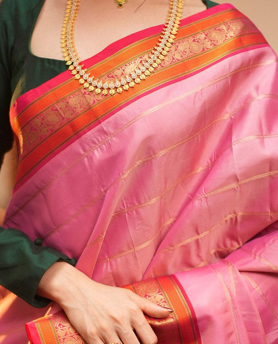Onion Pink-Dark Pink Striped Vasundhara Lite Silk Mix Saree, Contrast Manga-Mayil Border, Contrast Blouse