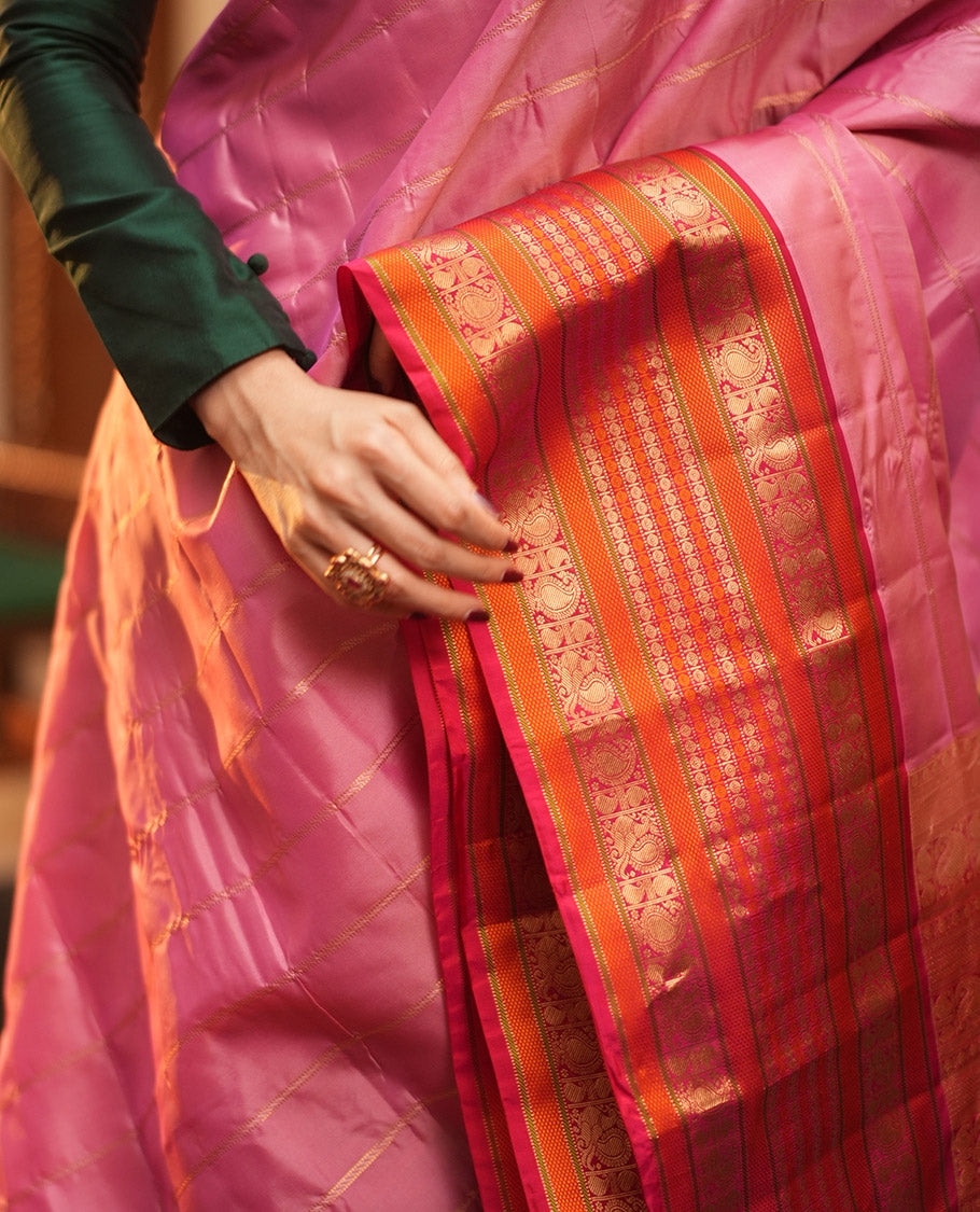 Onion Pink-Dark Pink Striped Vasundhara Lite Silk Mix Saree, Contrast Manga-Mayil Border, Contrast Blouse