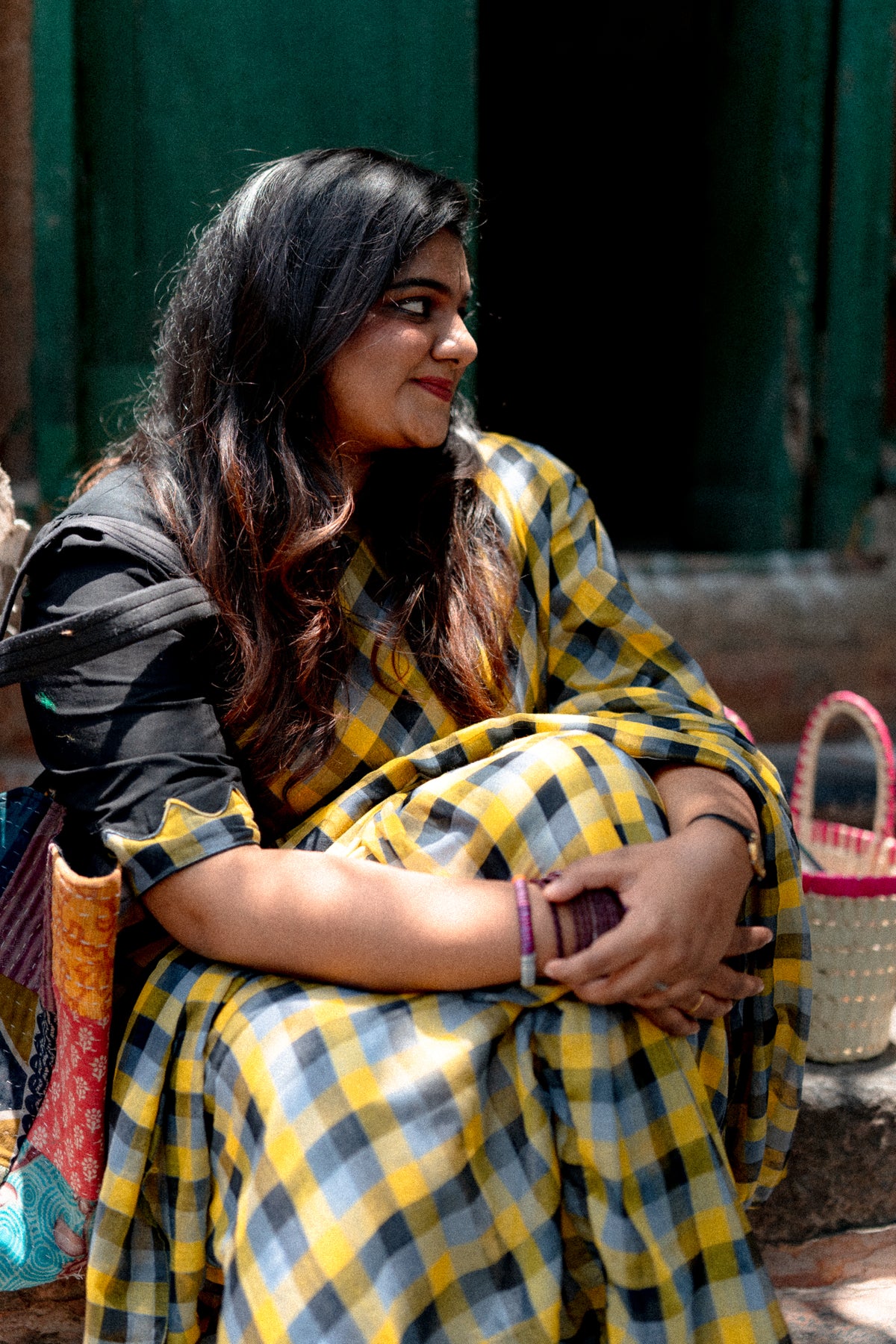Borderless Yellow-Black Khadi Mul Cotton Saree with Madras Checks, Comes without Blouse