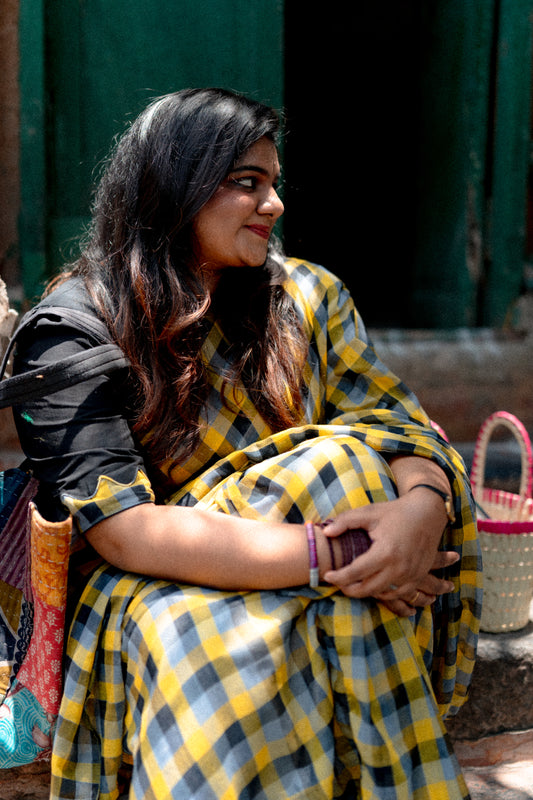 Borderless Yellow-Black Khadi Mul Cotton Saree with Madras Checks, Comes without Blouse