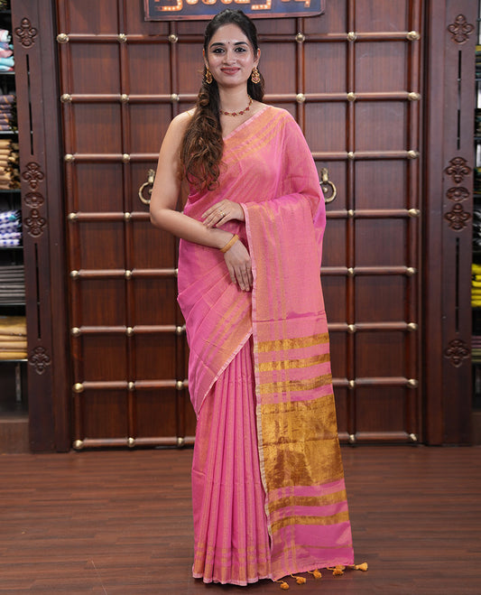 Pink Plain Khadi Tissue Saree, a Gold Zari Border, a Self-Pallu, and a Matching Blouse