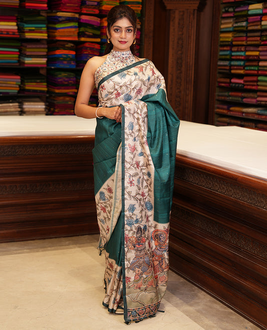 Peacock green zari butta fancy tussar saree with kalamkari style border & kalamkari pallu along with printed blouse