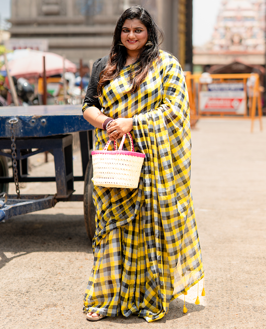 Borderless Yellow-Black Khadi Mul Cotton Saree with Madras Checks, Comes without Blouse