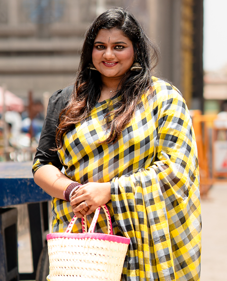 Borderless Yellow-Black Khadi Mul Cotton Saree with Madras Checks, Comes without Blouse