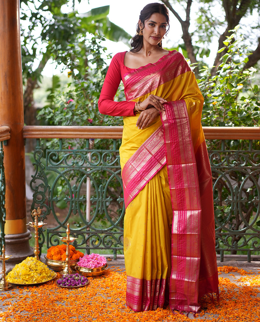 Lemon Yellow-Rani Pink Budget Silk Saree