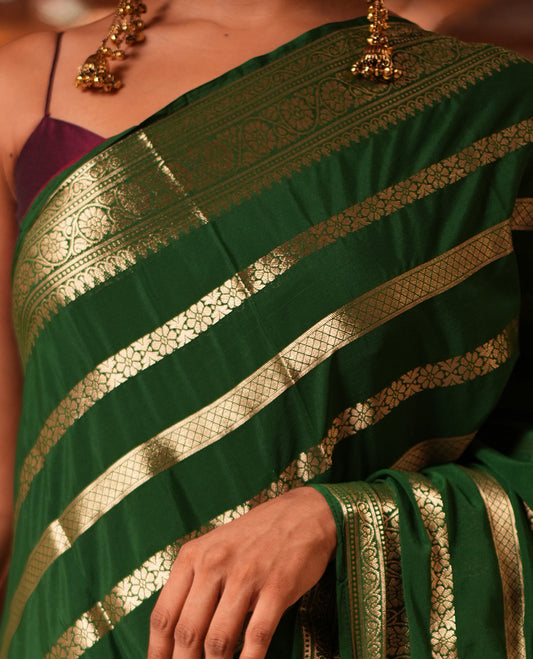 Bottle Green Zari Design Mysore Silk Saree, a Traditional Zari Border, Zari Striped Pallu, and a Matching Blouse