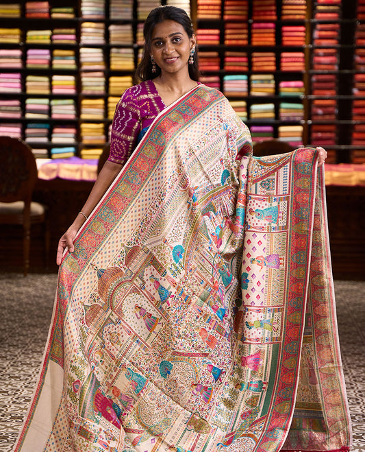 Kaleidoscope-colour Mughal stories printed Dola satin silk saree depicting motifs of floral, Mughal-arch, peacock & ancient humans, highlighted with zari