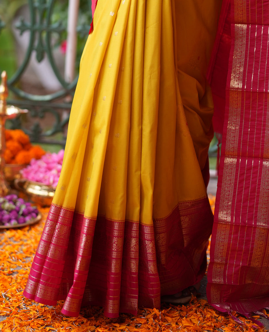 Lemon Yellow-Rani Pink Budget Silk Saree