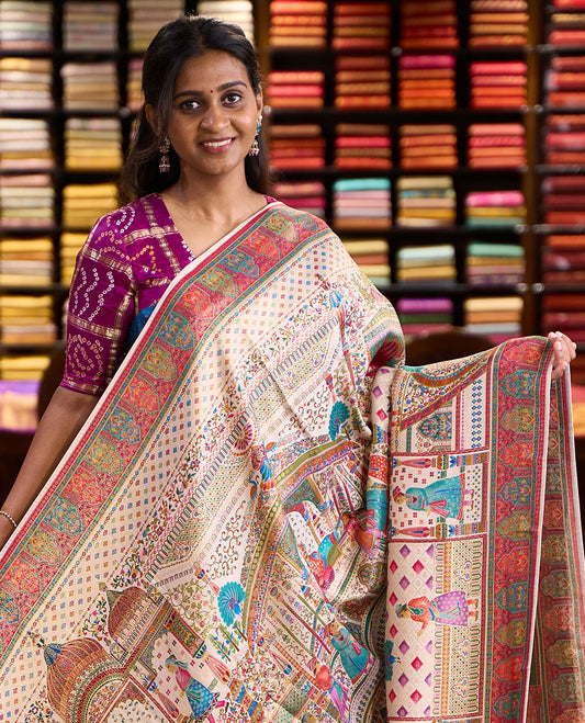 Kaleidoscope-colour Mughal stories printed Dola satin silk saree depicting motifs of floral, Mughal-arch, peacock & ancient humans, highlighted with zari