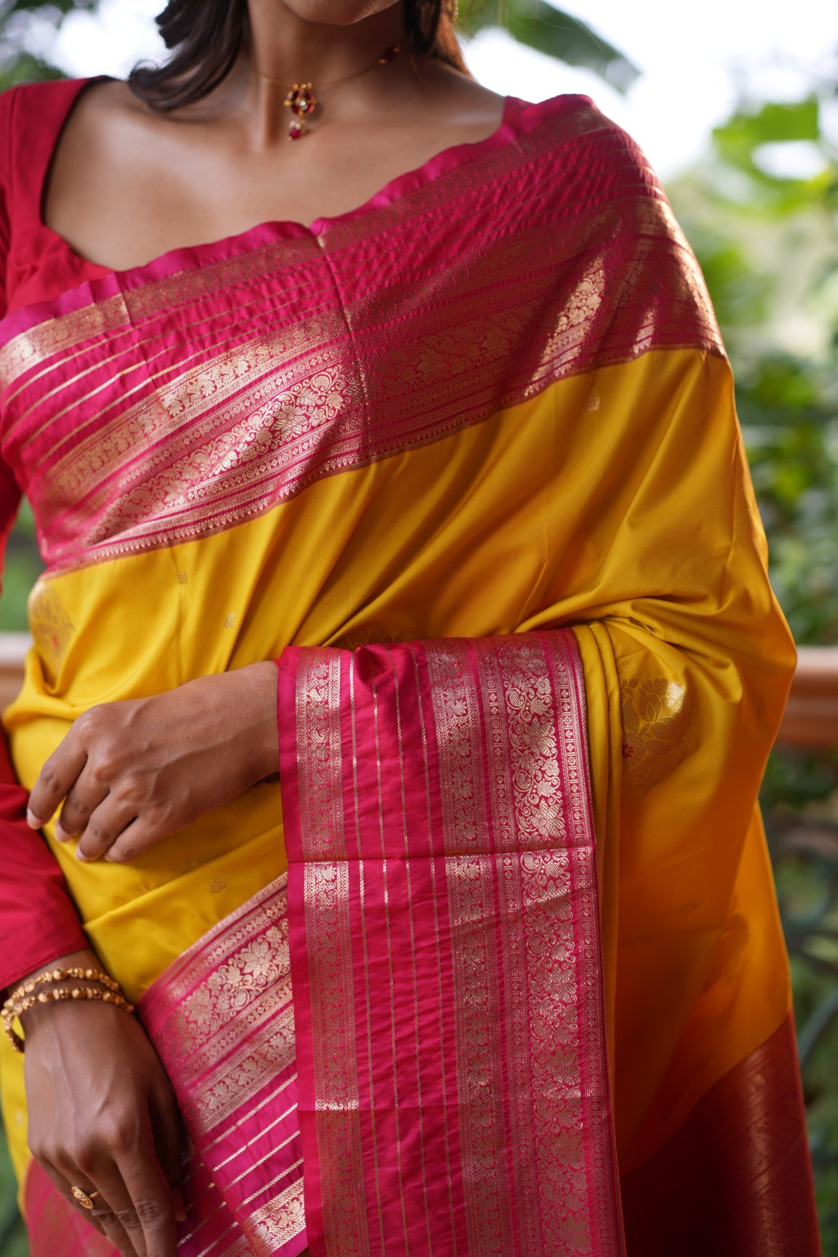 Lemon Yellow-Rani Pink Budget Silk Saree