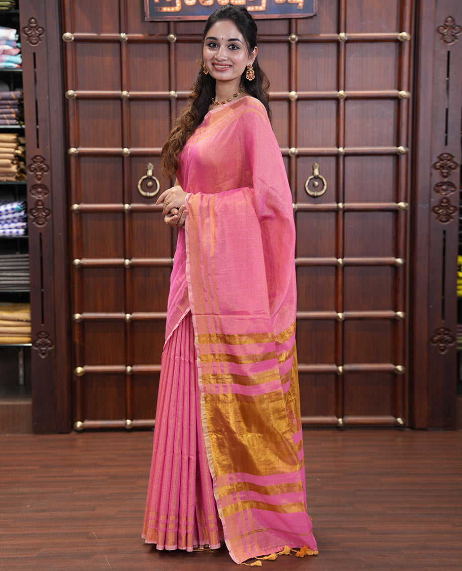 Pink Plain Khadi Tissue Saree, a Gold Zari Border, a Self-Pallu, and a Matching Blouse