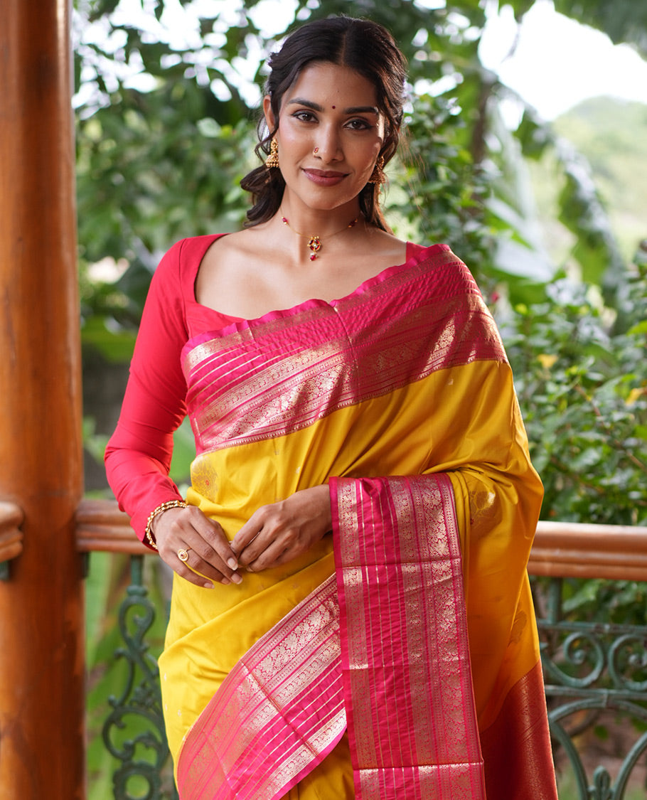 Lemon Yellow-Rani Pink Budget Silk Saree