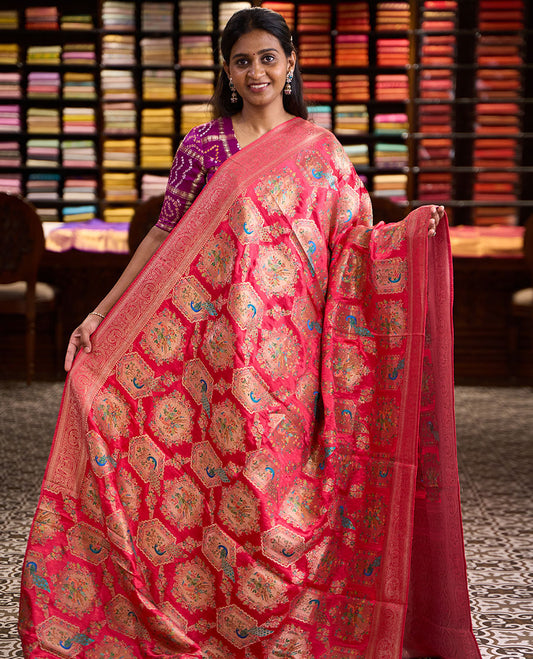 Pink meenakari-style floral & bird enclosed arches printed dola satin silk saree, traditional peacock-elephant zari border & ogee patterned pallu