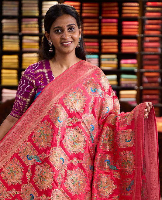 Pink meenakari-style floral & bird enclosed arches printed dola satin silk saree, traditional peacock-elephant zari border & ogee patterned pallu