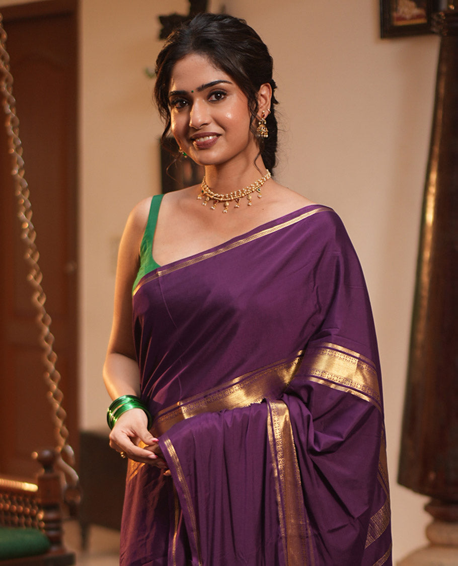 Purple Semi-Mysore Silksaree, a Traditional Zari Border, a Matching Blouse