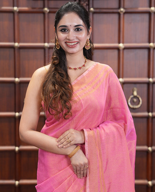 Pink Plain Khadi Tissue Saree, a Gold Zari Border, a Self-Pallu, and a Matching Blouse