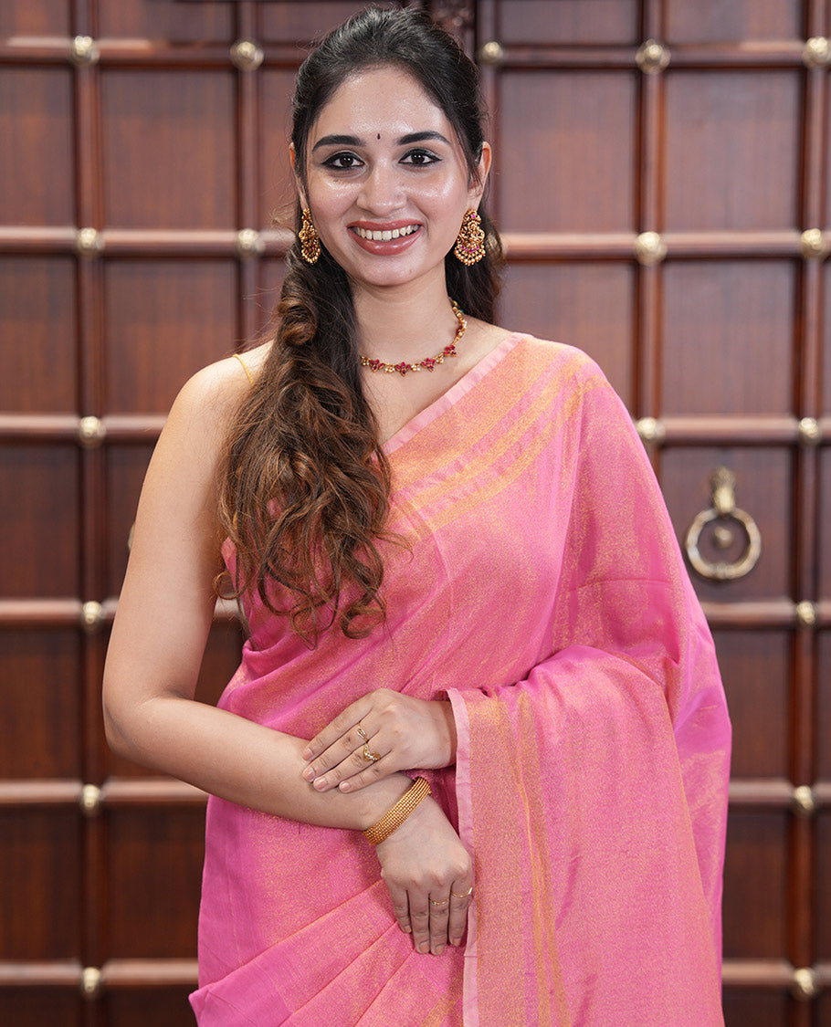Pink Plain Khadi Tissue Saree, a Gold Zari Border, a Self-Pallu, and a Matching Blouse
