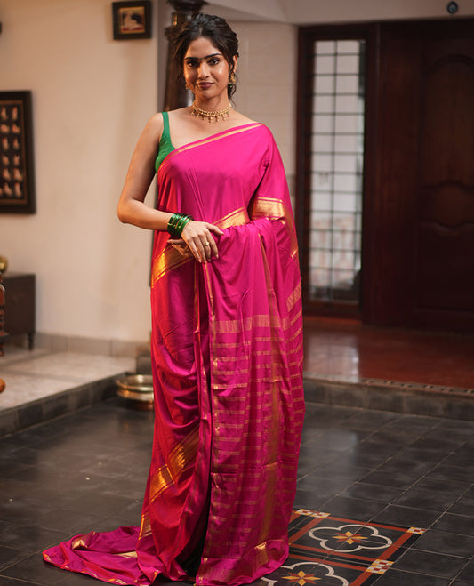 Dark Pink Semi-Mysore Silksaree, a Traditional Zari Border, a Matching Blouse
