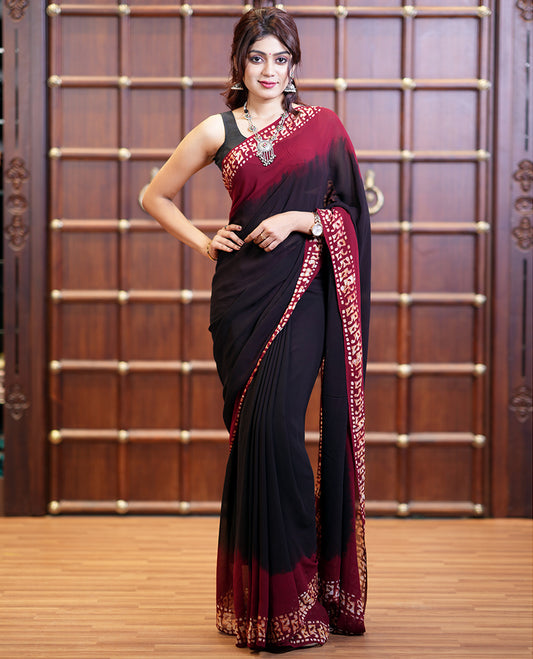 Black with maroon georgette saree with pathick print border & pathick design pallu along with pathick print blouse