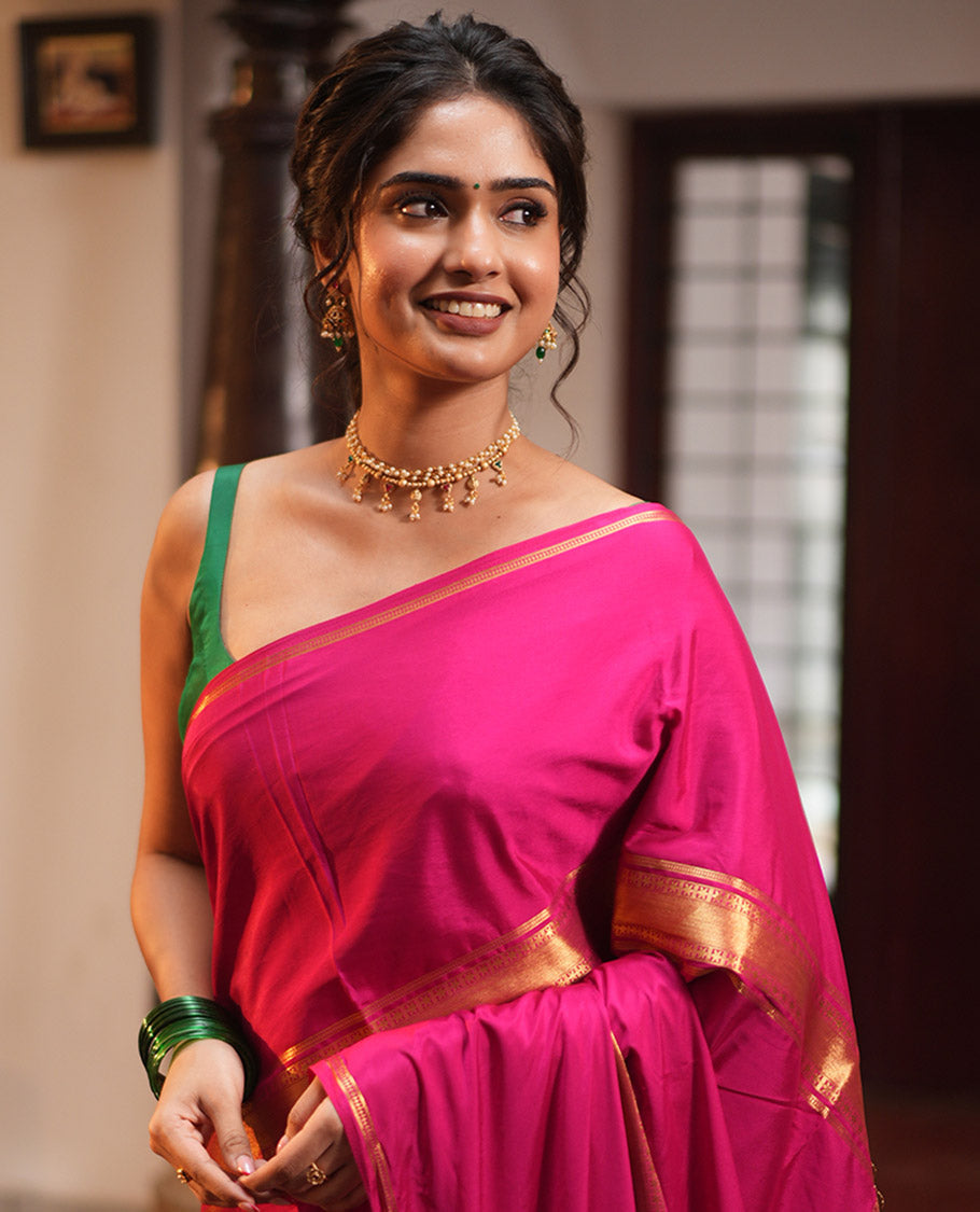 Dark Pink Semi-Mysore Silksaree, a Traditional Zari Border, a Matching Blouse