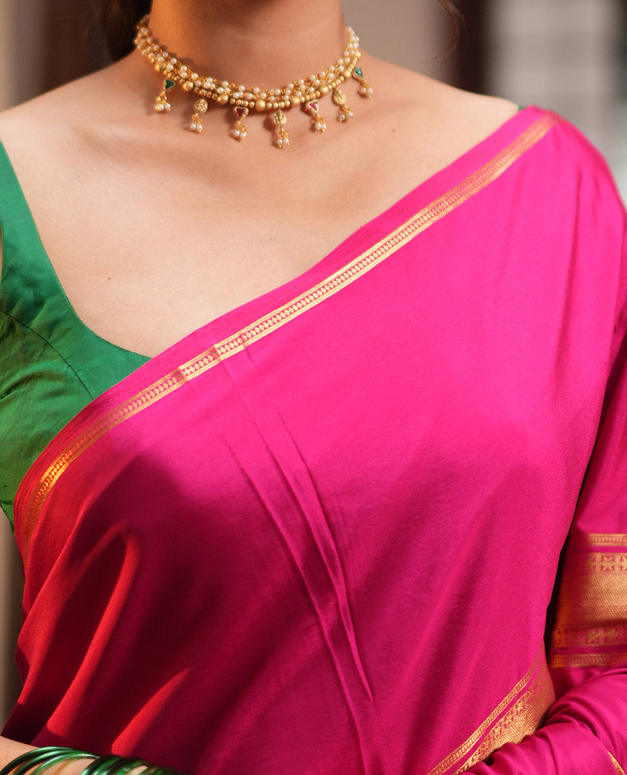 Dark Pink Semi-Mysore Silksaree, a Traditional Zari Border, a Matching Blouse