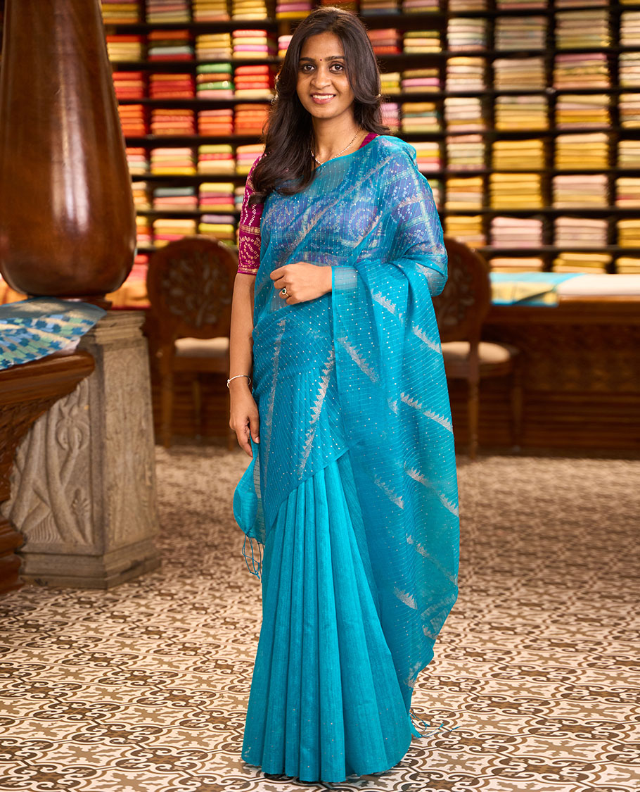 Borderless blue sequins embroidery and temple design, organza silk saree
