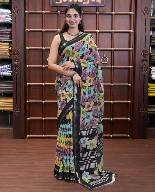 Black Georgette Saree Features Colorful Floral Print, a Zari Temple Border, a Printed Pallu, and a Matching Blouse