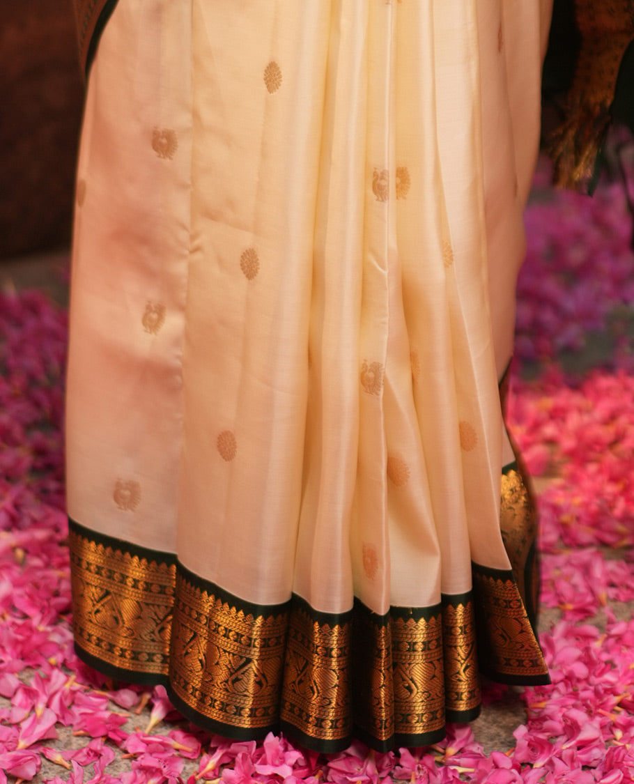Off-White-Dark Green Vasundhara Lite Silk Mix Saree